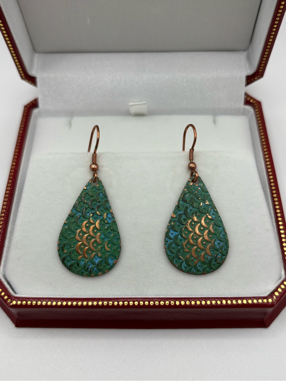 Copper Teardrop Dangle Earrings with Fish Scale Details